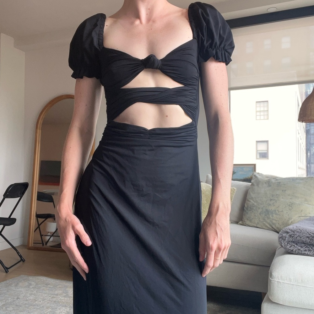 Black Bodycon Dress with Cut-Out Puff Sleeves